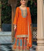 orange ethnic embroidered chinon palazzo dress for girls