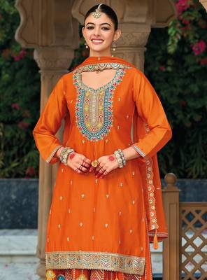 orange ethnic embroidered chinon palazzo dress for girls 2
