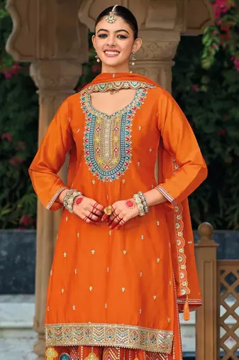 orange ethnic embroidered chinon palazzo dress for girls