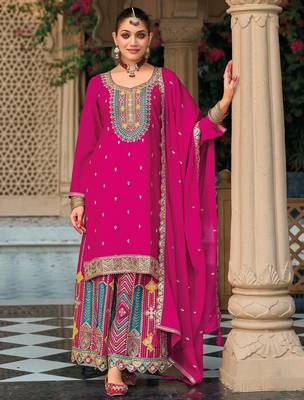 pink ethnic embroidered chinon palazzo dress for girls 1