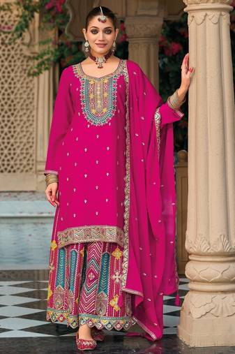 pink ethnic embroidered chinon palazzo dress for girls