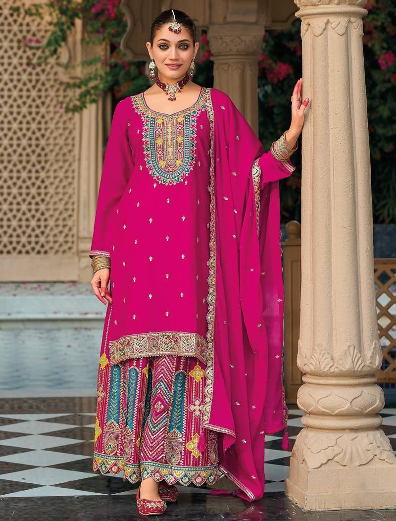 pink ethnic embroidered chinon palazzo dress for girls