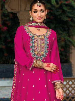 pink ethnic embroidered chinon palazzo dress for girls 2