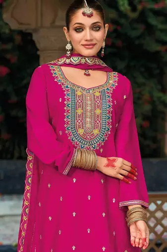 pink ethnic embroidered chinon palazzo dress for girls