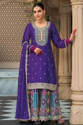 purple ethnic embroidered chinon palazzo dress for girls