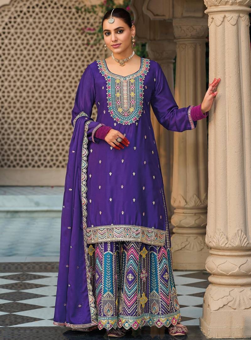 purple ethnic embroidered chinon palazzo dress for girls