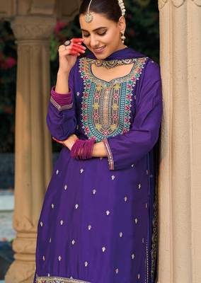 purple ethnic embroidered chinon palazzo dress for girls 2