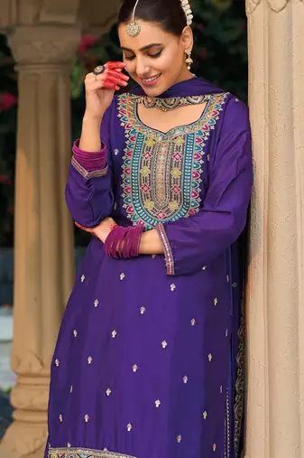 purple ethnic embroidered chinon palazzo dress for girls