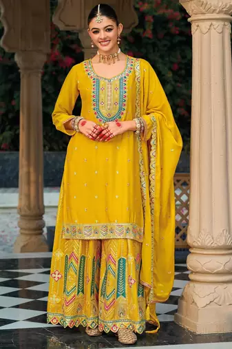 yellow ethnic embroidered chinon palazzo dress for girls