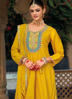 yellow ethnic embroidered chinon palazzo dress for girls 2