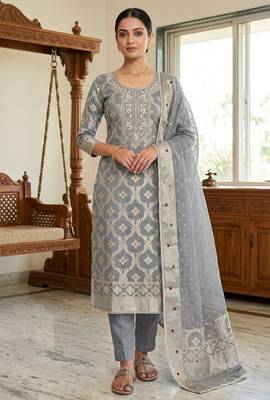 grey banarasi cotton ethnic partywear suit for girls 1