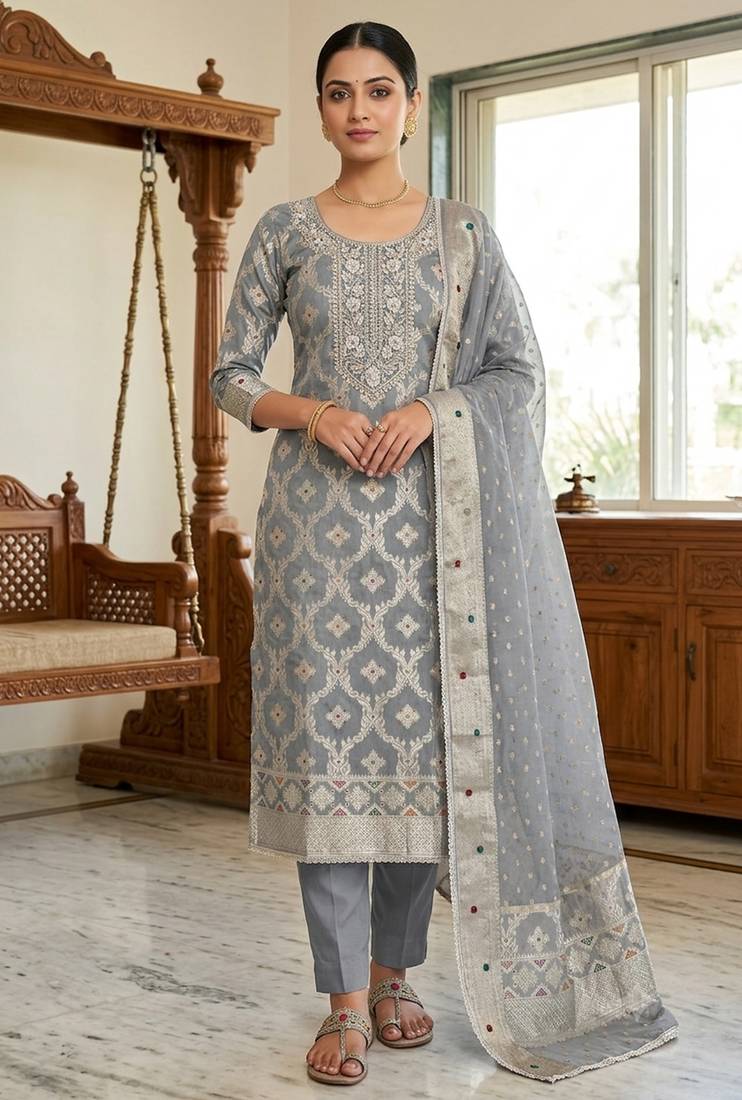 grey banarasi cotton ethnic partywear suit for girls