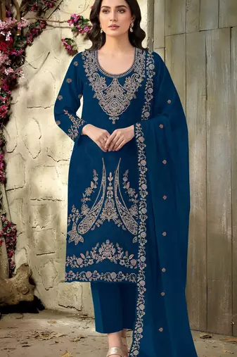 blue embroidered velvet fancy suit for girls