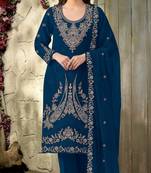 blue embroidered velvet fancy suit for girls
