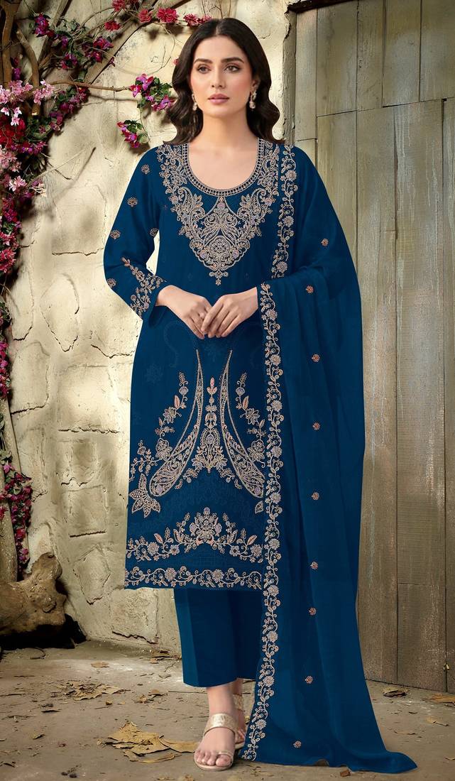 blue embroidered velvet fancy suit for girls