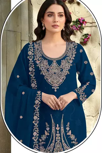 blue embroidered velvet fancy suit for girls