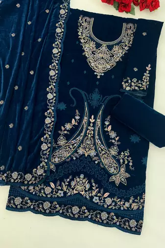 blue embroidered velvet fancy suit for girls