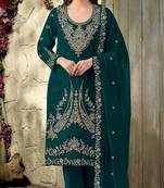 teal embroidered velvet fancy suit for girls