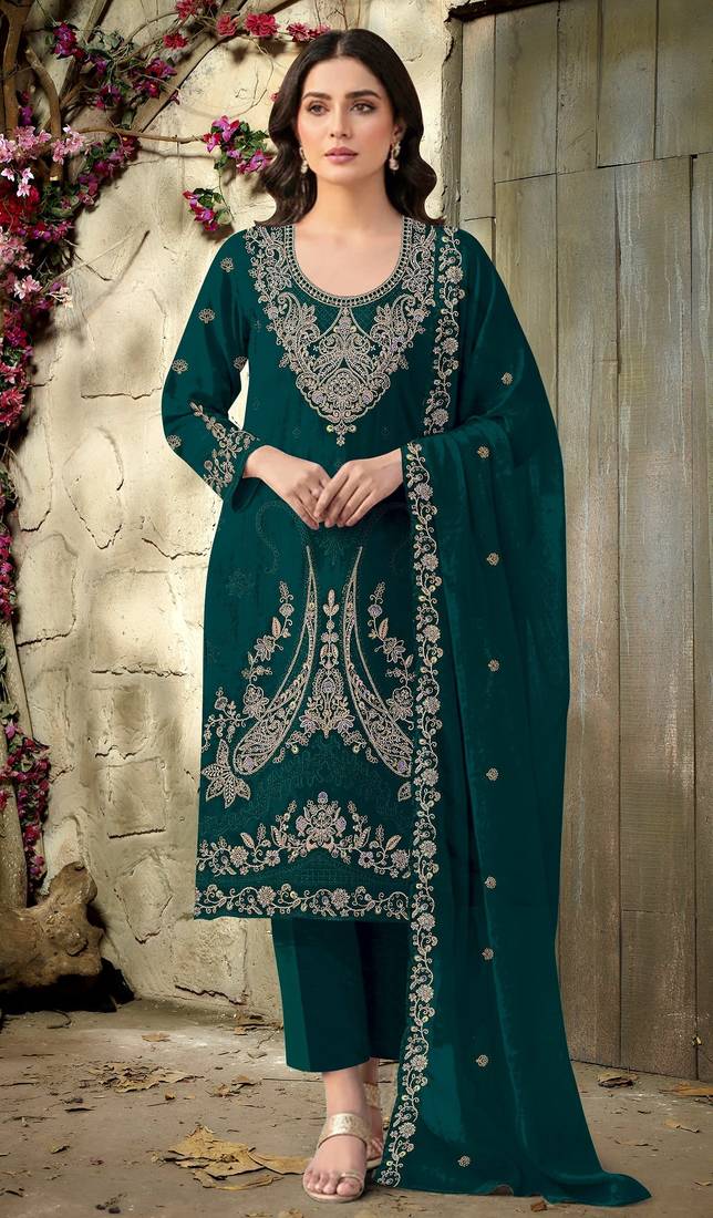 teal embroidered velvet fancy suit for girls