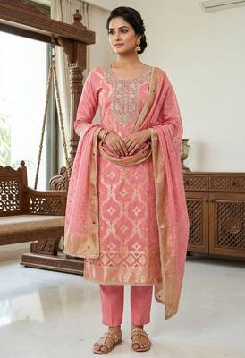 pink banarasi cotton ethnic partywear suit for girls 1