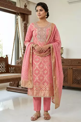 pink banarasi cotton ethnic partywear suit for girls