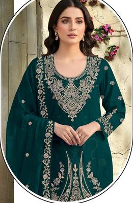 teal embroidered velvet fancy suit for girls 2