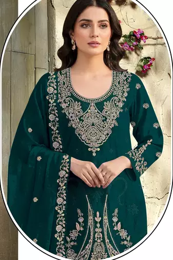 teal embroidered velvet fancy suit for girls