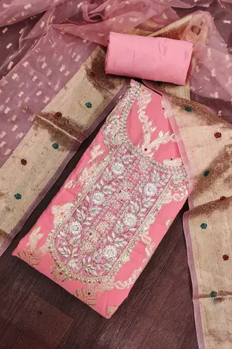 pink banarasi cotton ethnic partywear suit for girls