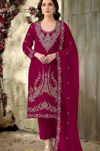magenta embroidered velvet fancy suit for girls