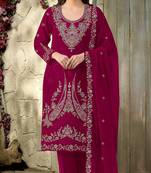 magenta embroidered velvet fancy suit for girls