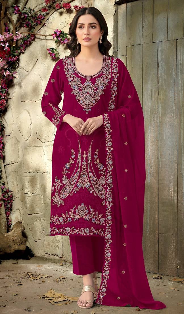 magenta embroidered velvet fancy suit for girls