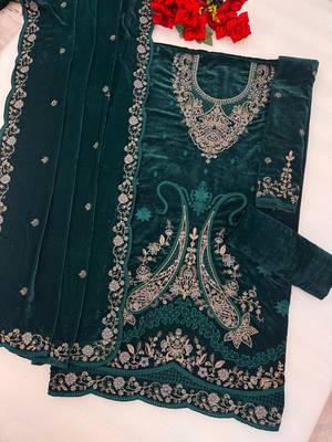 teal embroidered velvet fancy suit for girls 3