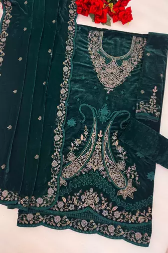 teal embroidered velvet fancy suit for girls