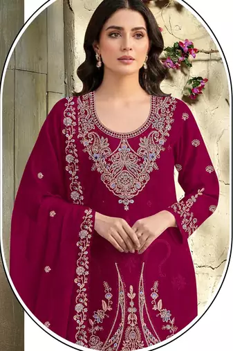 magenta embroidered velvet fancy suit for girls