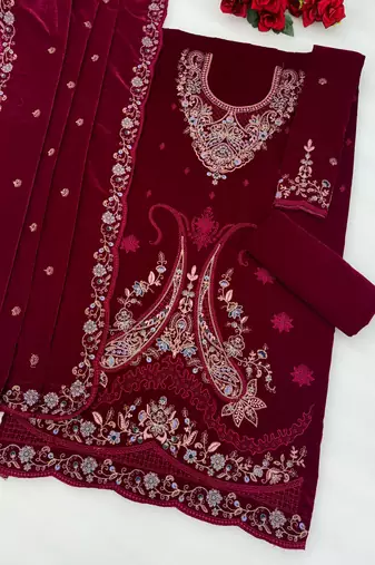 magenta embroidered velvet fancy suit for girls