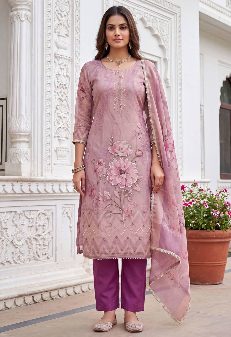 purple shimmer linen cotton ceremonial suit for girls