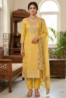 yellow banarasi cotton ethnic partywear suit for girls 1