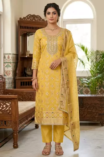 yellow banarasi cotton ethnic partywear suit for girls