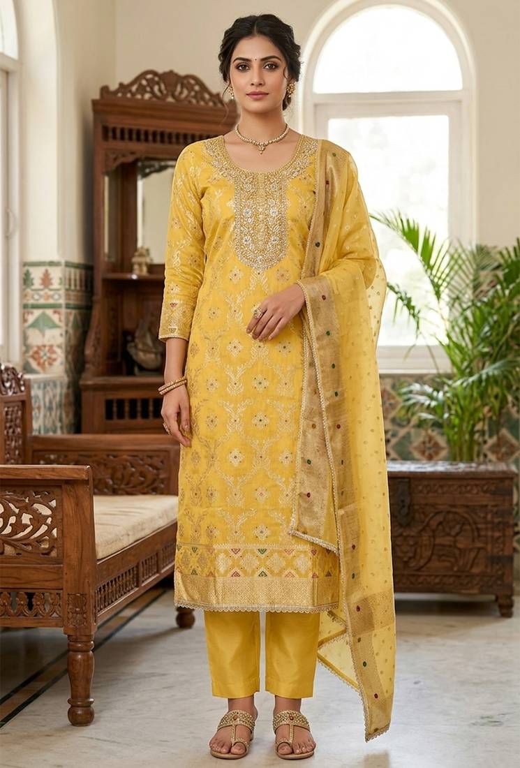 yellow banarasi cotton ethnic partywear suit for girls