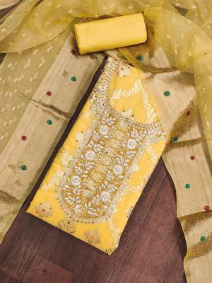 yellow banarasi cotton ethnic partywear suit for girls 2