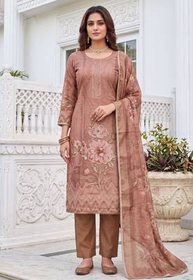 brown shimmer linen cotton ceremonial suit for girls 1