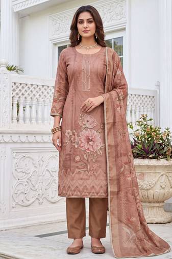 brown shimmer linen cotton ceremonial suit for girls