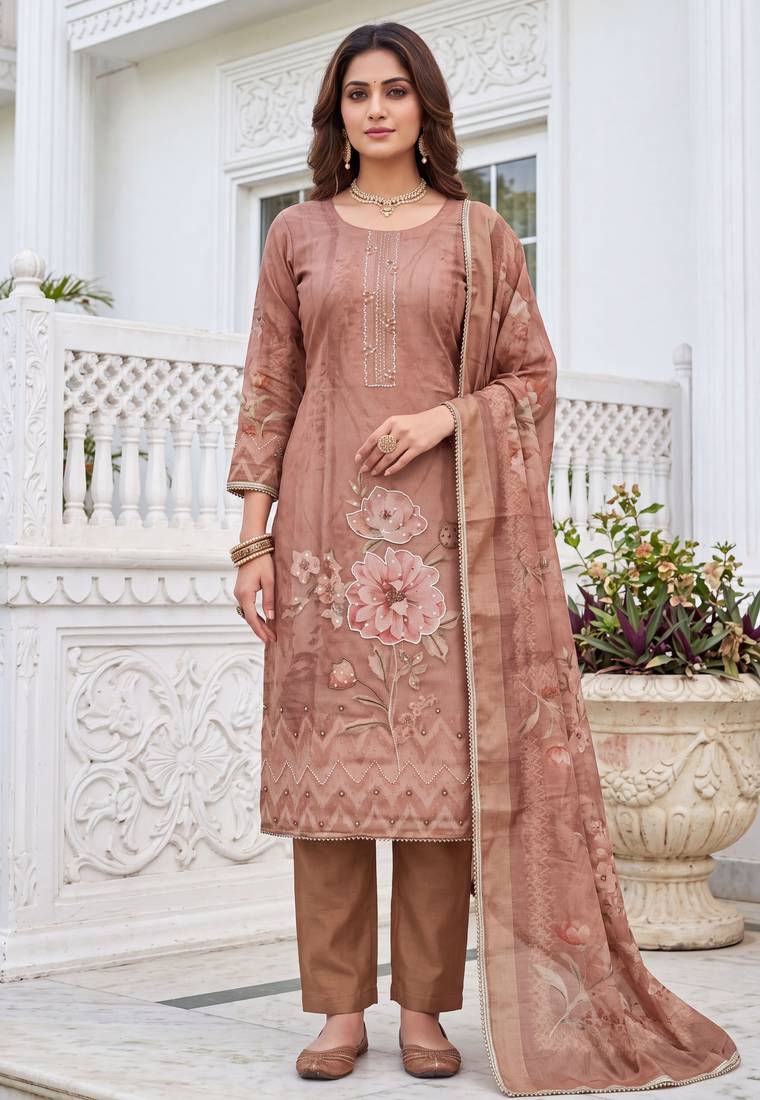 brown shimmer linen cotton ceremonial suit for girls