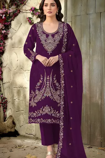 purple embroidered velvet fancy suit for girls