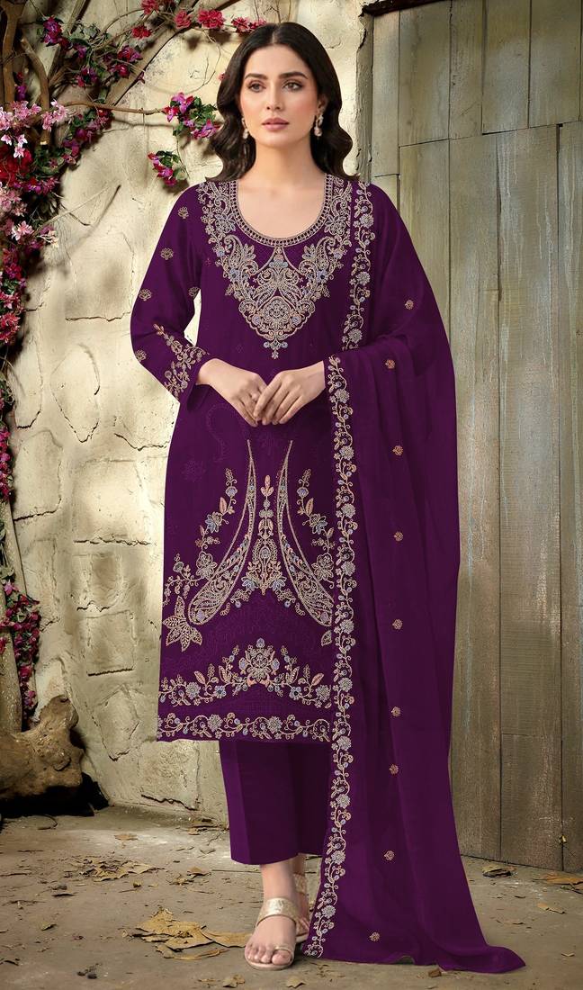 purple embroidered velvet fancy suit for girls