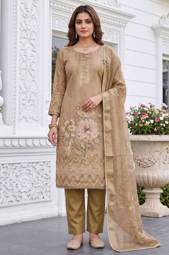 beige shimmer linen cotton ceremonial suit for girls