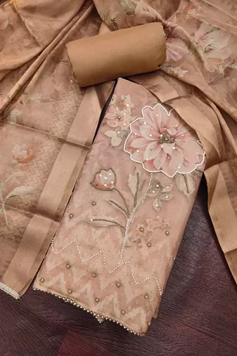 brown shimmer linen cotton ceremonial suit for girls
