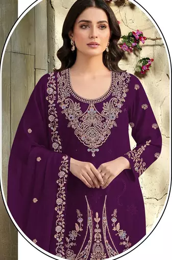 purple embroidered velvet fancy suit for girls