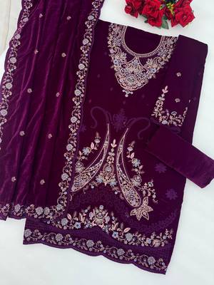 purple embroidered velvet fancy suit for girls 3