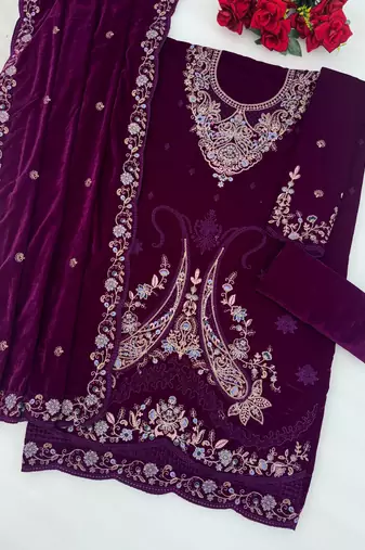 purple embroidered velvet fancy suit for girls